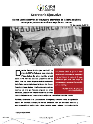 Fallece Domitila Barrios de Chungara, promotora de la lucha conjunta de mujeres y hombres contra la explotación laboral