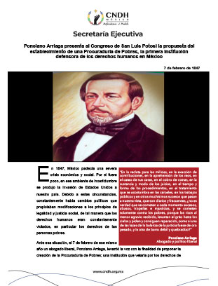 Ponciano Arriaga presenta al Congreso de San Luis Potosí la propuesta del establecimiento de una Procuraduría de Pobres, la primera institución defensora de los derechos humanos en México