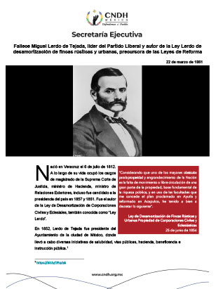 Fallece Miguel Lerdo de Tejada, líder del Partido Liberal y autor de la Ley Lerdo de desamortización de fincas rústicas y urbanas, precursora de las Leyes de Reforma