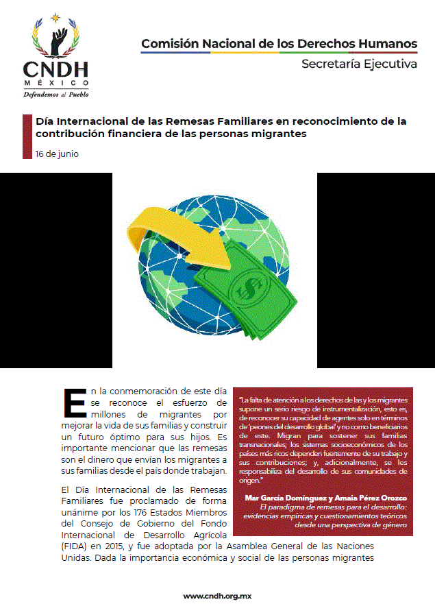 Día Internacional de las Remesas Familiares en reconocimiento de la contribución financiera de las personas migrantes