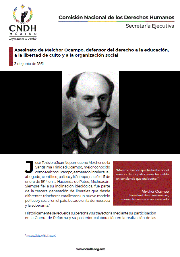 Asesinato de Melchor Ocampo, defensor del derecho a la educación, a la libertad de culto y a la organización social