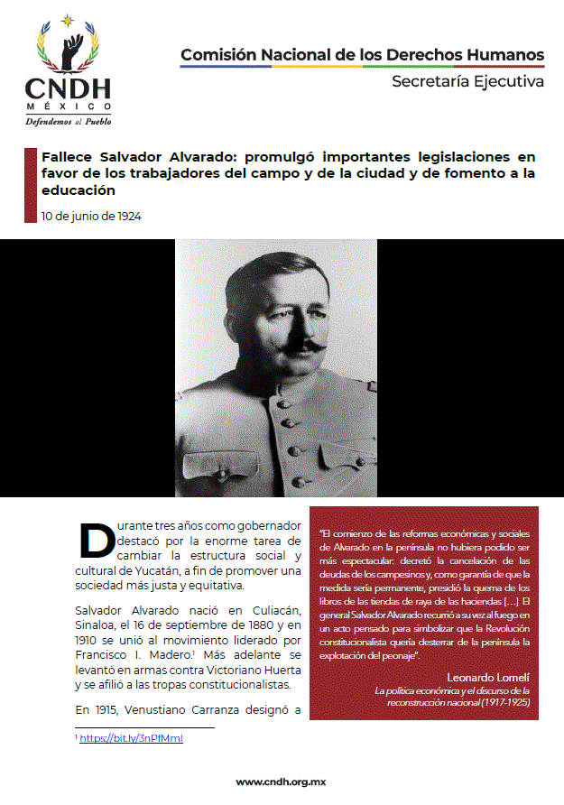 Fallece Salvador Alvarado: promulgó importantes legislaciones en favor de los trabajadores del campo y de la ciudad y de fomento a la educación