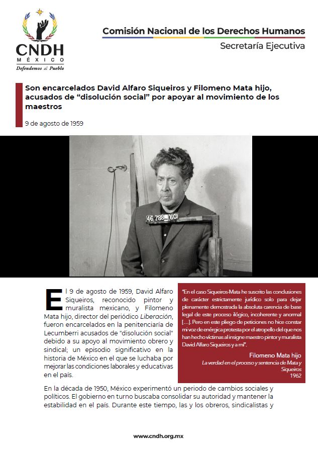 Son encarcelados David Alfaro Siqueiros y Filomeno Mata hijo, acusados de “disolución social” por apoyar al movimiento de los maestros