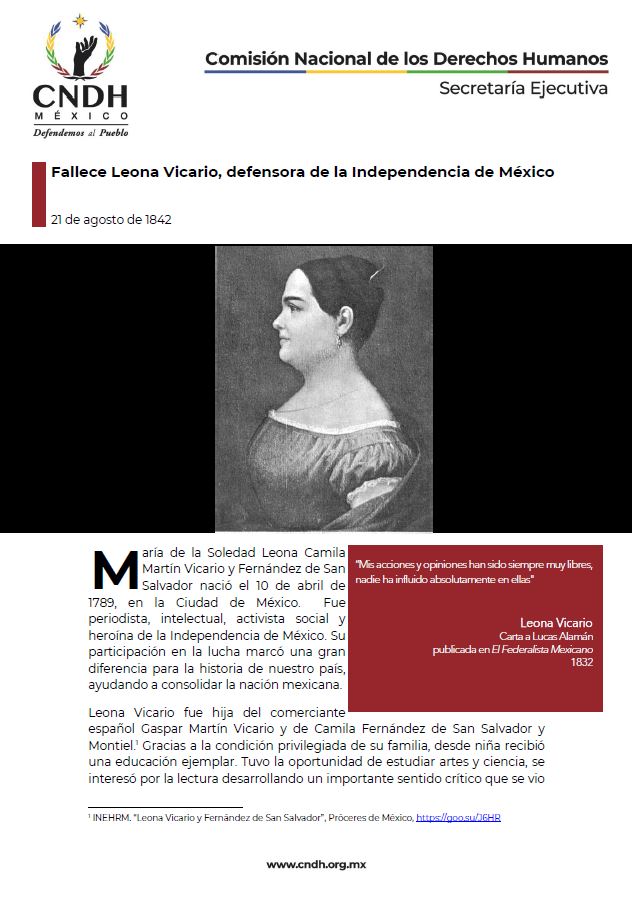 Fallece Leona Vicario, defensora de la Independencia de México