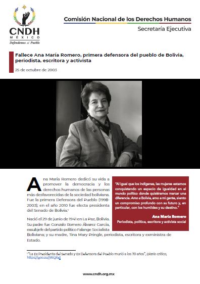Fallece Ana María Romero, primera defensora del pueblo de Bolivia, periodista, escritora y activista