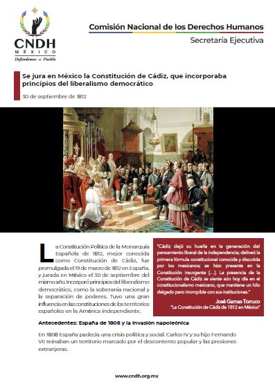 Se jura en México la Constitución de Cádiz, que incorporaba principios del liberalismo democrático