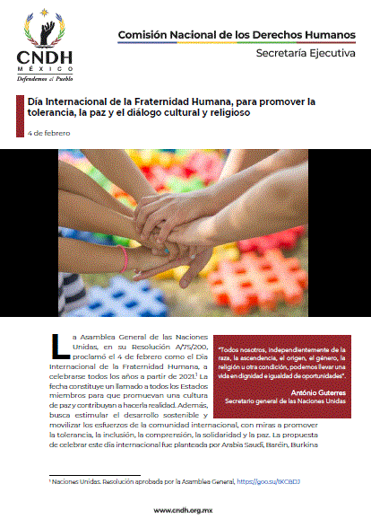 Día Internacional de la Fraternidad Humana, para promover la tolerancia, la paz y el diálogo cultural y religioso