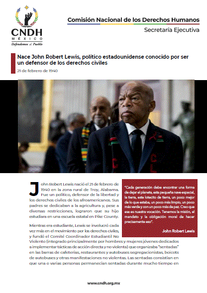 Nace John Robert Lewis, político estadounidense conocido por ser un defensor de los derechos civiles