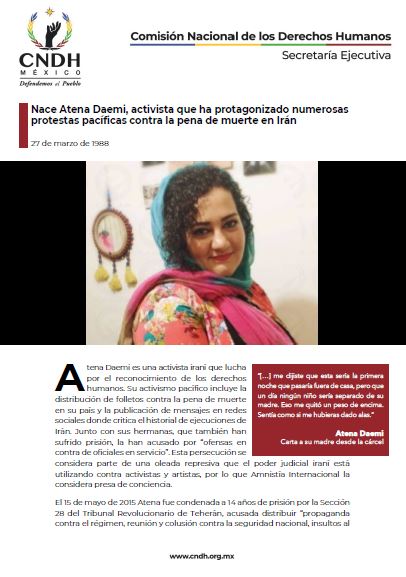 Nace Atena Daemi, activista que ha protagonizado numerosas protestas pacíficas contra la pena de muerte en Irán