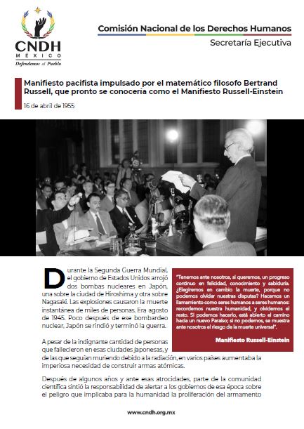Manifiesto pacifista impulsado por el matemático filosofo Bertrand Russell, que pronto se conocería como el Manifiesto Russell-Einstein