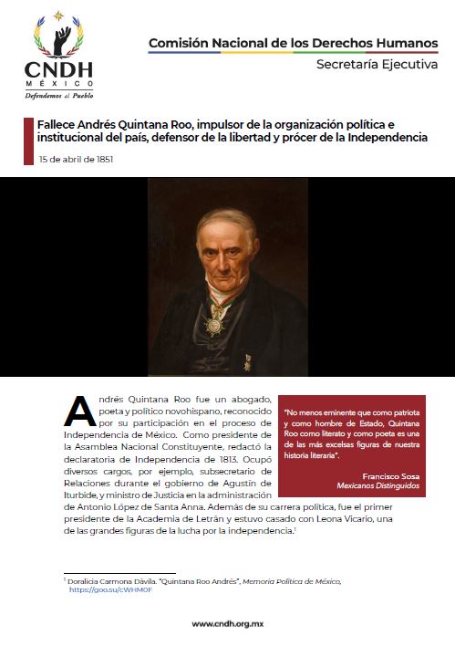 Fallece Andrés Quintana Roo, impulsor de la organización política e institucional del país, defensor de la libertad y prócer de la Independencia