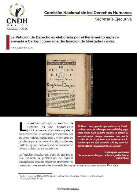 La Petición de Derecho es elaborada por el Parlamento inglés y enviada a Carlos I como una declaración de libertades civiles