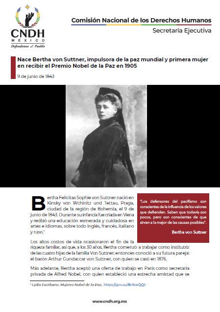 Nace Bertha von Suttner, impulsora de la paz mundial y primera mujer en recibir el Premio Nobel de la Paz en 1905