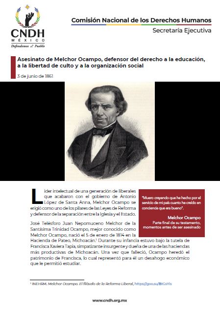 Asesinato de Melchor Ocampo, defensor del derecho a la educación, a la libertad de culto y a la organización social