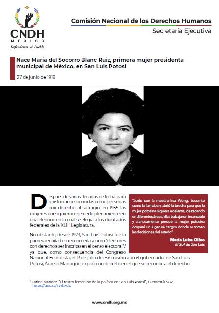 Nace María del Socorro Blanc Ruiz, primera mujer presidenta municipal de México, en San Luis Potosí