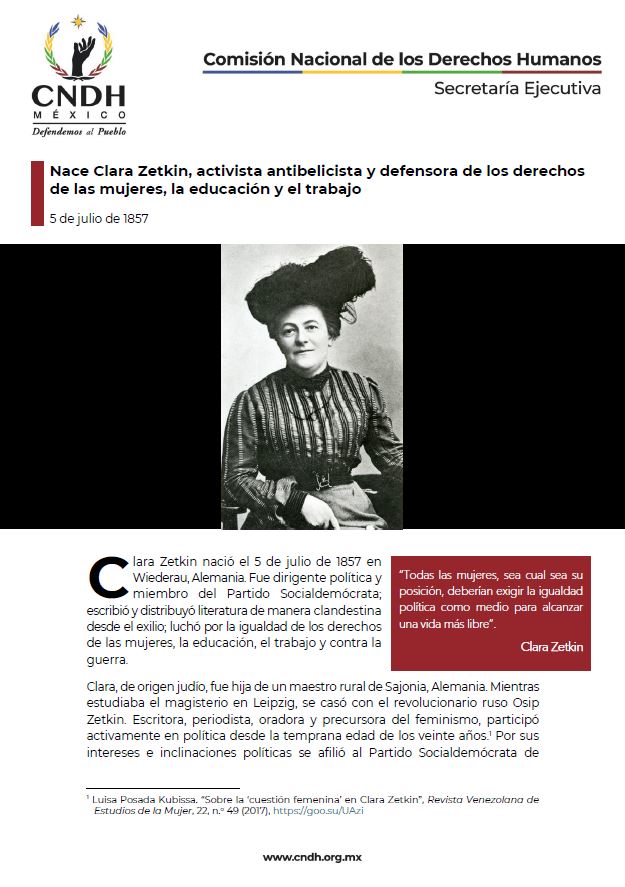 Nace Clara Zetkin, activista antibelicista y defensora de los derechos de las mujeres, la educación y el trabajo