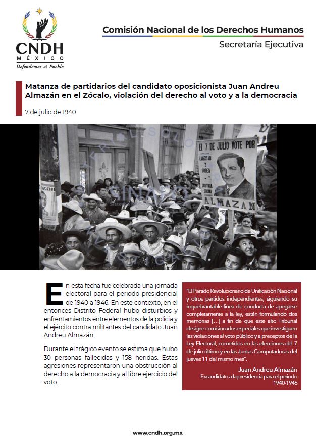 Matanza de partidarios del candidato oposicionista Juan Andreu Almazán en el Zócalo, violación del derecho al voto y a la democracia