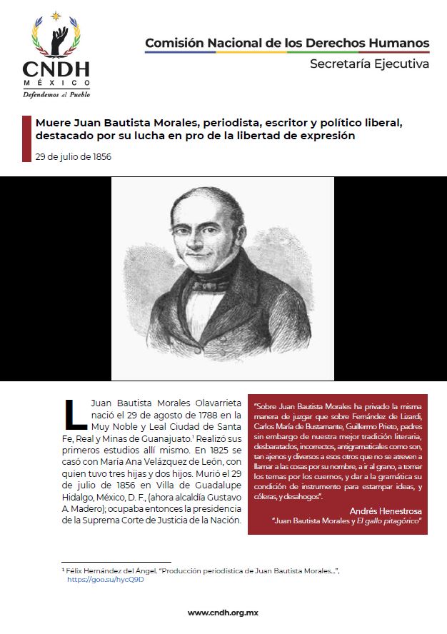 Muere Juan Bautista Morales, periodista, escritor y político liberal, destacado por su lucha en pro de la libertad de expresión