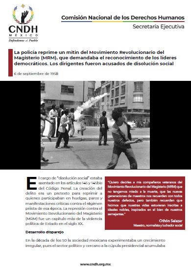 La policía reprime un mitin del Movimiento Revolucionario del Magisterio (MRM), que demandaba el reconocimiento de los líderes democráticos. Los dirigentes fueron acusados de disolución social
