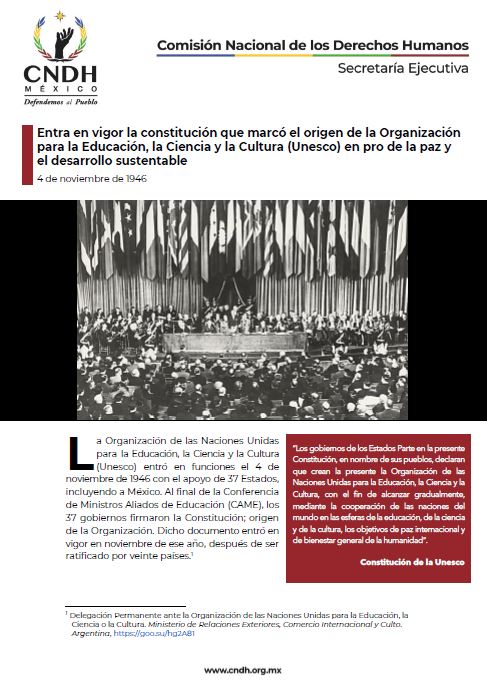 Entra en vigor la constitución que marcó el origen de la Organización para la Educación, la Ciencia y la Cultura (Unesco) en pro de la paz y el desarrollo sustentable