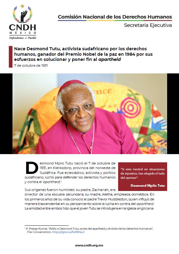 Nace Desmond Tutu, activista sudafricano por los derechos humanos, ganador del Premio Nobel de la paz en 1984 por sus esfuerzos en solucionar y poner fin al apartheid