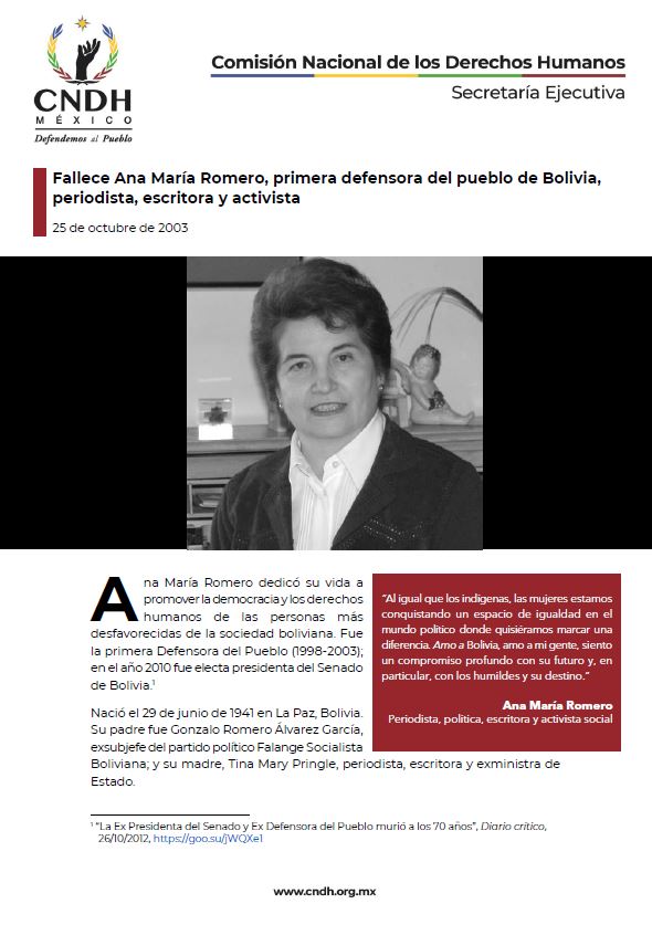 Fallece Ana María Romero, primera defensora del pueblo de Bolivia, periodista, escritora y activista