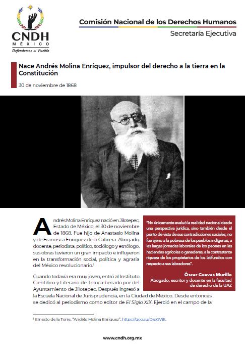 Nace Andrés Molina Enríquez, impulsor del derecho a la tierra en la Constitución