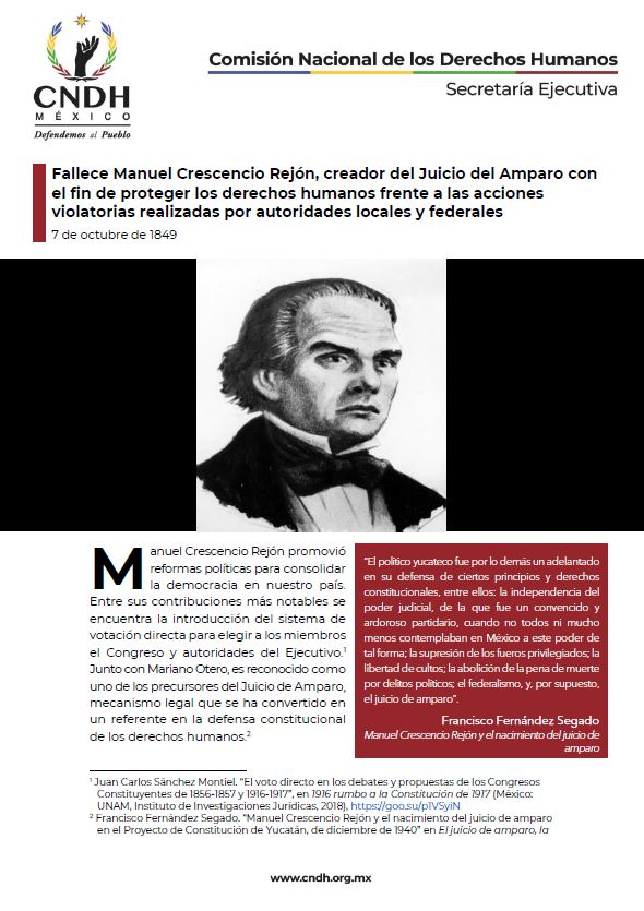 Fallece Manuel Crescencio Rejón, creador del Juicio del Amparo con el fin de proteger los derechos humanos frente a las acciones violatorias realizadas por autoridades locales y federales