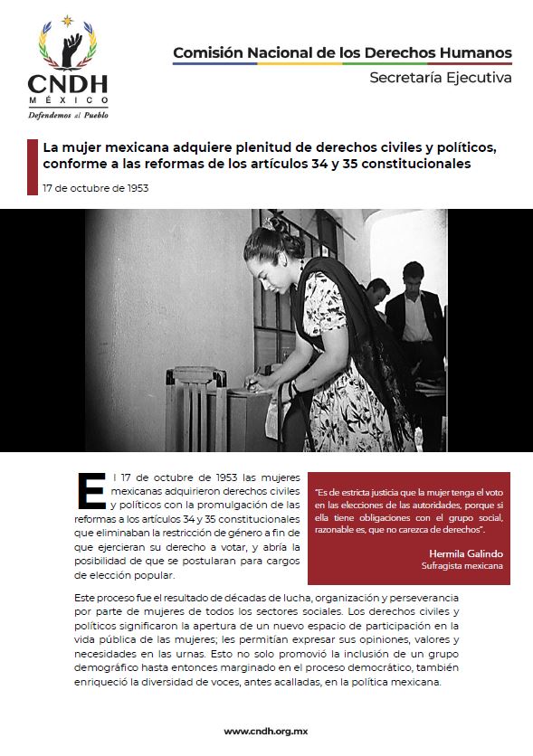La mujer mexicana adquiere plenitud de derechos civiles y políticos, conforme a las reformas de los artículos 34 y 35 constitucionales