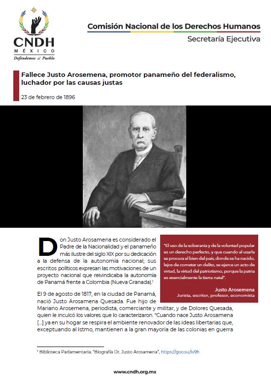 Fallece Justo Arosemena, promotor panameño del federalismo, luchador por las causas justas