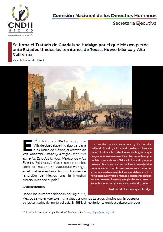 Se firma el Tratado de Guadalupe Hidalgo por el que México pierde ante Estados Unidos los territorios de Texas, Nuevo México y Alta California