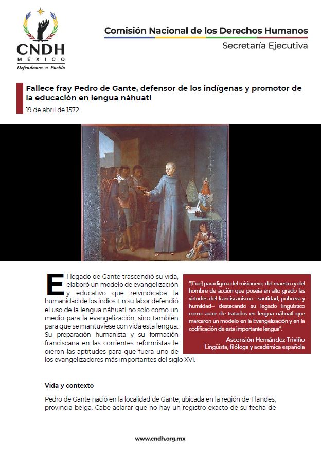Fallece fray Pedro de Gante, defensor de los indígenas y promotor de la educación en lengua náhuatl