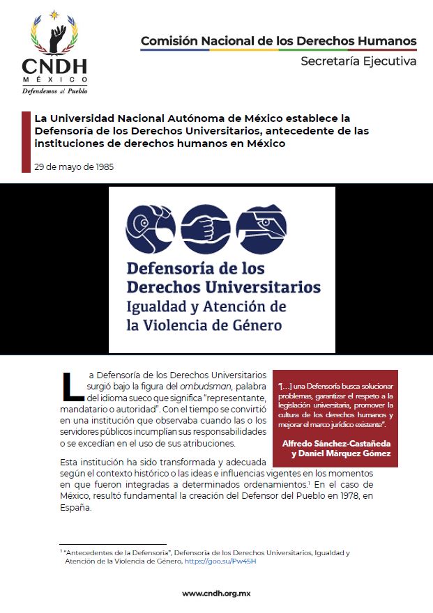 La Universidad Nacional Autónoma de México establece la Defensoría de los Derechos Universitarios, antecedente de las instituciones de derechos humanos en México