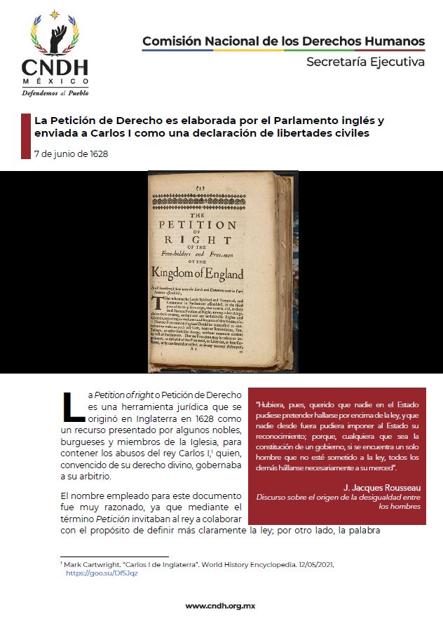 La Petición de Derecho es elaborada por el Parlamento inglés y enviada a Carlos I como una declaración de libertades civiles
