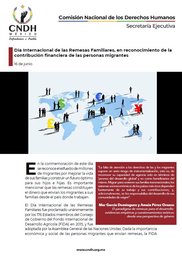 Día Internacional de las Remesas Familiares, en reconocimiento de la contribución financiera de las personas migrantes