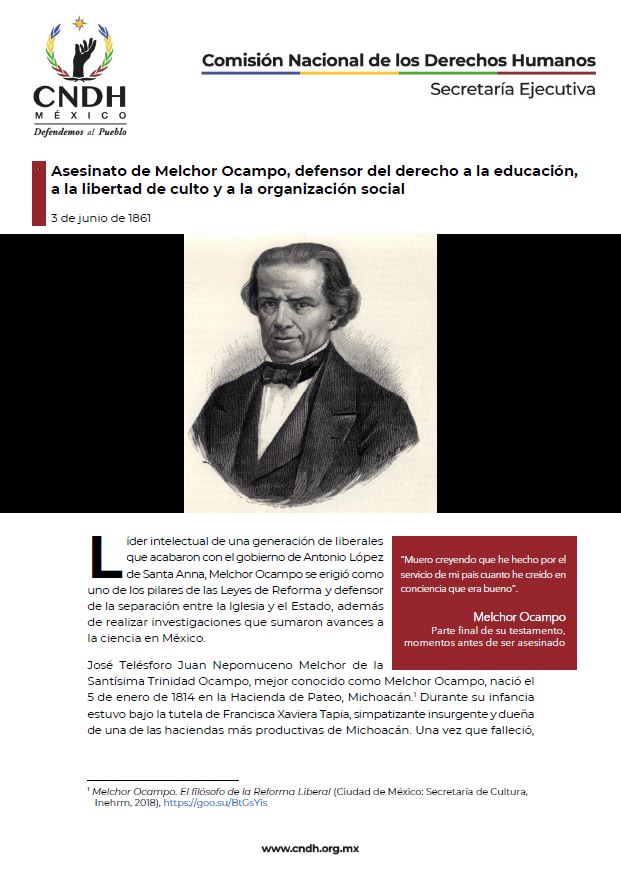 Asesinato de Melchor Ocampo, defensor del derecho a la educación, a la libertad de culto y a la organización social