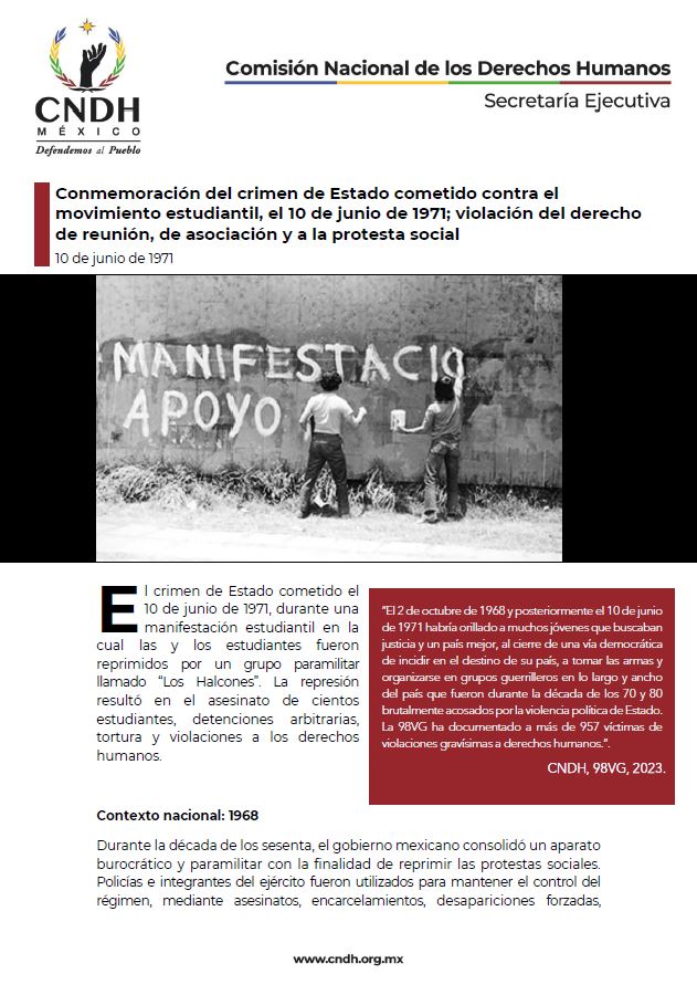 Conmemoración del crimen de Estado cometido contra el movimiento estudiantil, el 10 de junio de 1971; violación del derecho de reunión, de asociación y a la protesta social