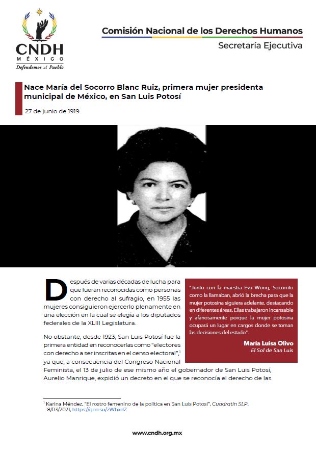 Nace María del Socorro Blanc Ruiz, primera mujer presidenta municipal de México, en San Luis Potosí