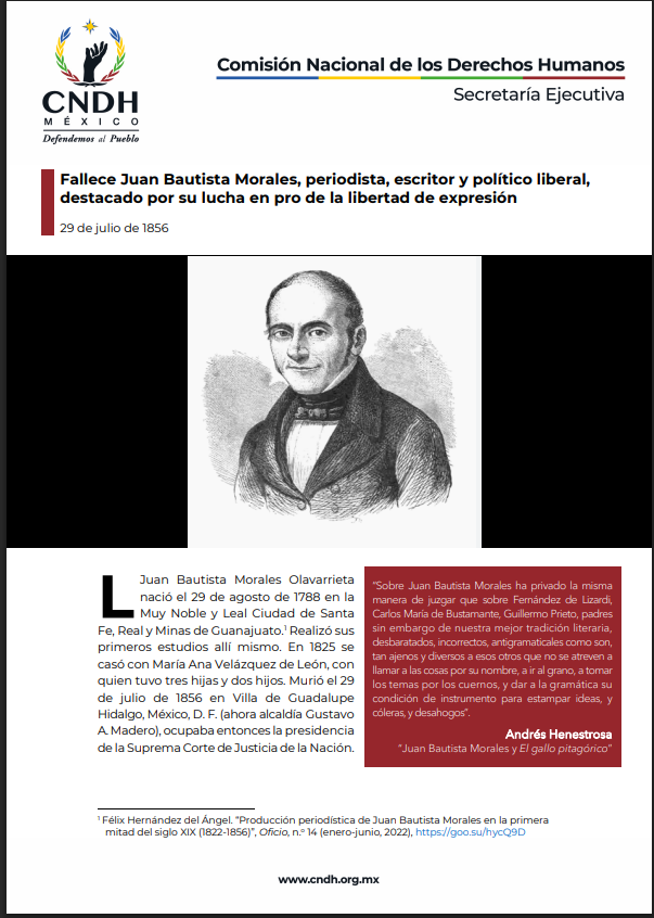 Fallece Juan Bautista Morales, periodista, escritor y político liberal, destacado por su lucha en pro de la libertad de expresión