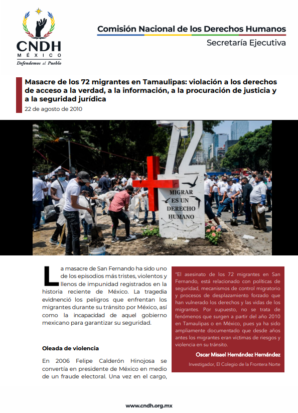 Masacre de los 72 migrantes en Tamaulipas violación a los derechos de acceso a la verdad,a la procuración de justicia y a la seguridad
