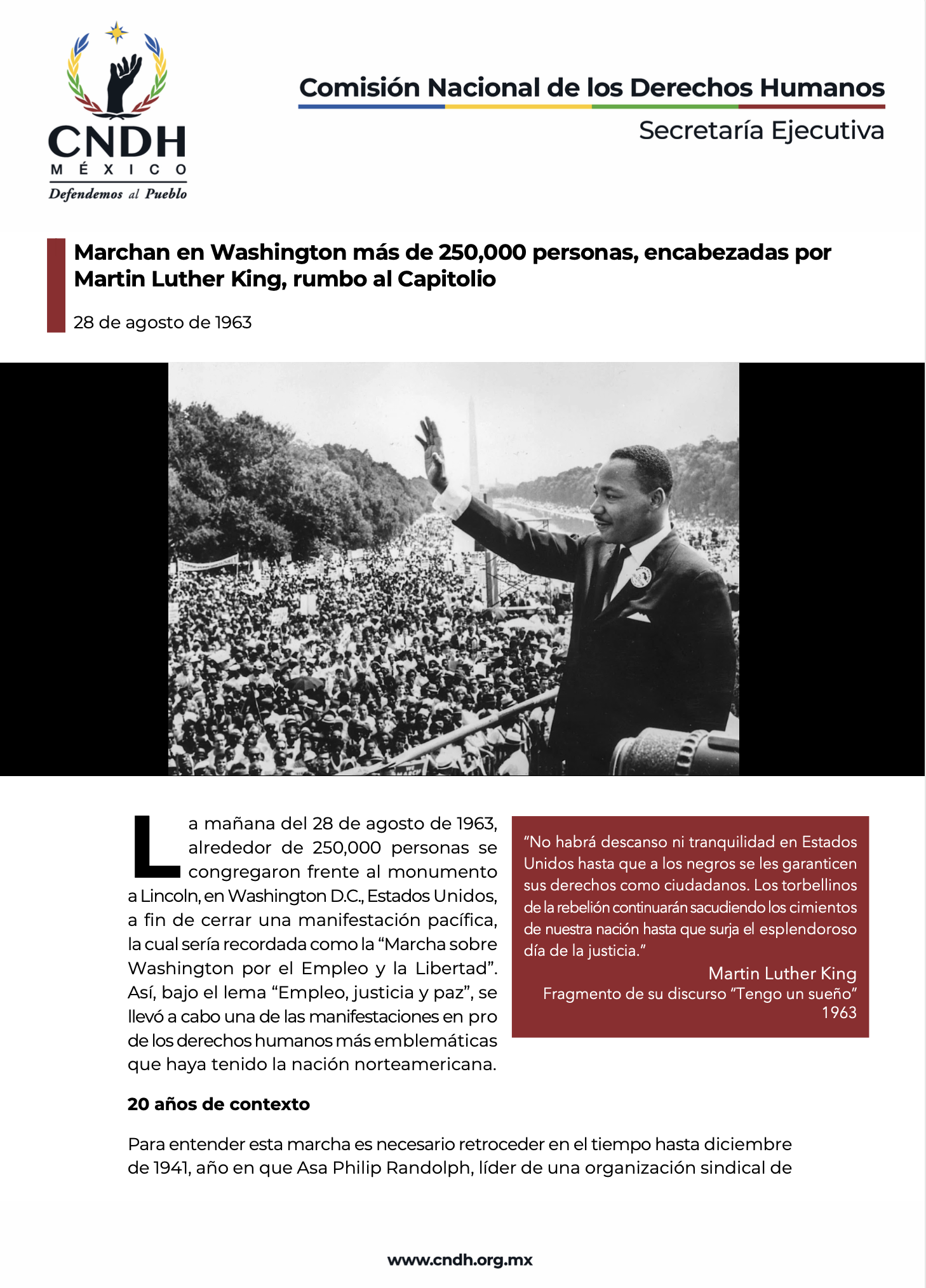 Marchan en Washington más de 250,000 personas, encabezadas por Martin Luther King, rumbo al Capitolio