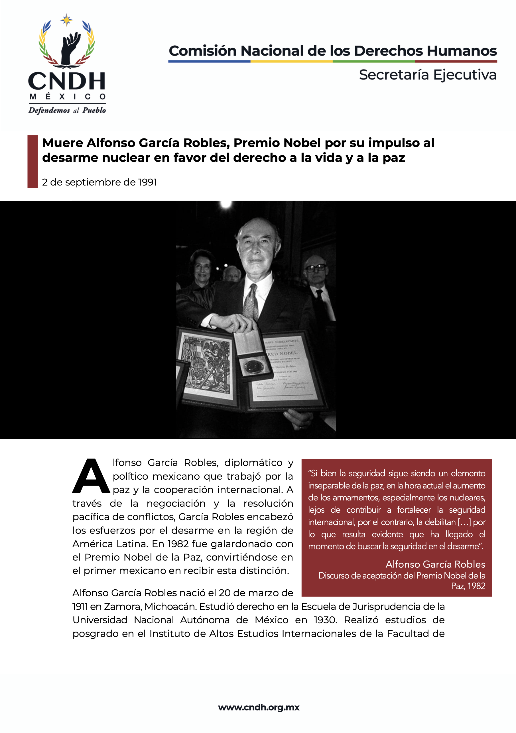 Muere Alfonso García Robles, Premio Nobel por su impulso al desarme nuclear en favor del derecho a la vida y a la paz