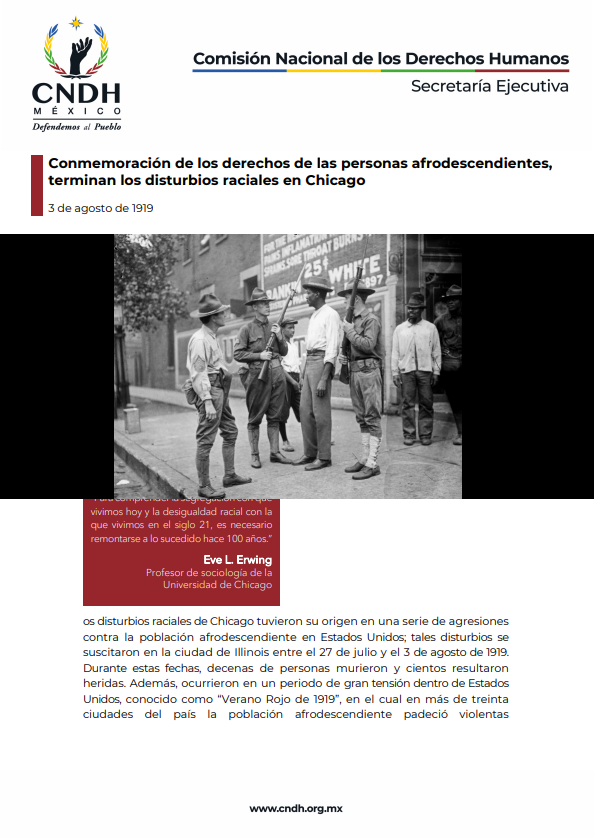 Conmemoración de los derechos de las personas afrodescendientes,  terminan los disturbios raciales en Chicago