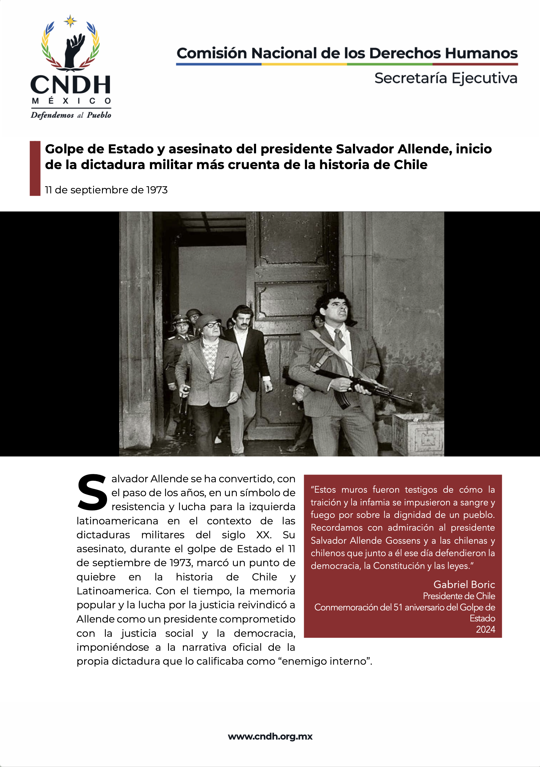 Golpe de Estado y asesinato del presidente Salvador Allende, inicio de la dictadura militar más cruenta de la historia de Chile