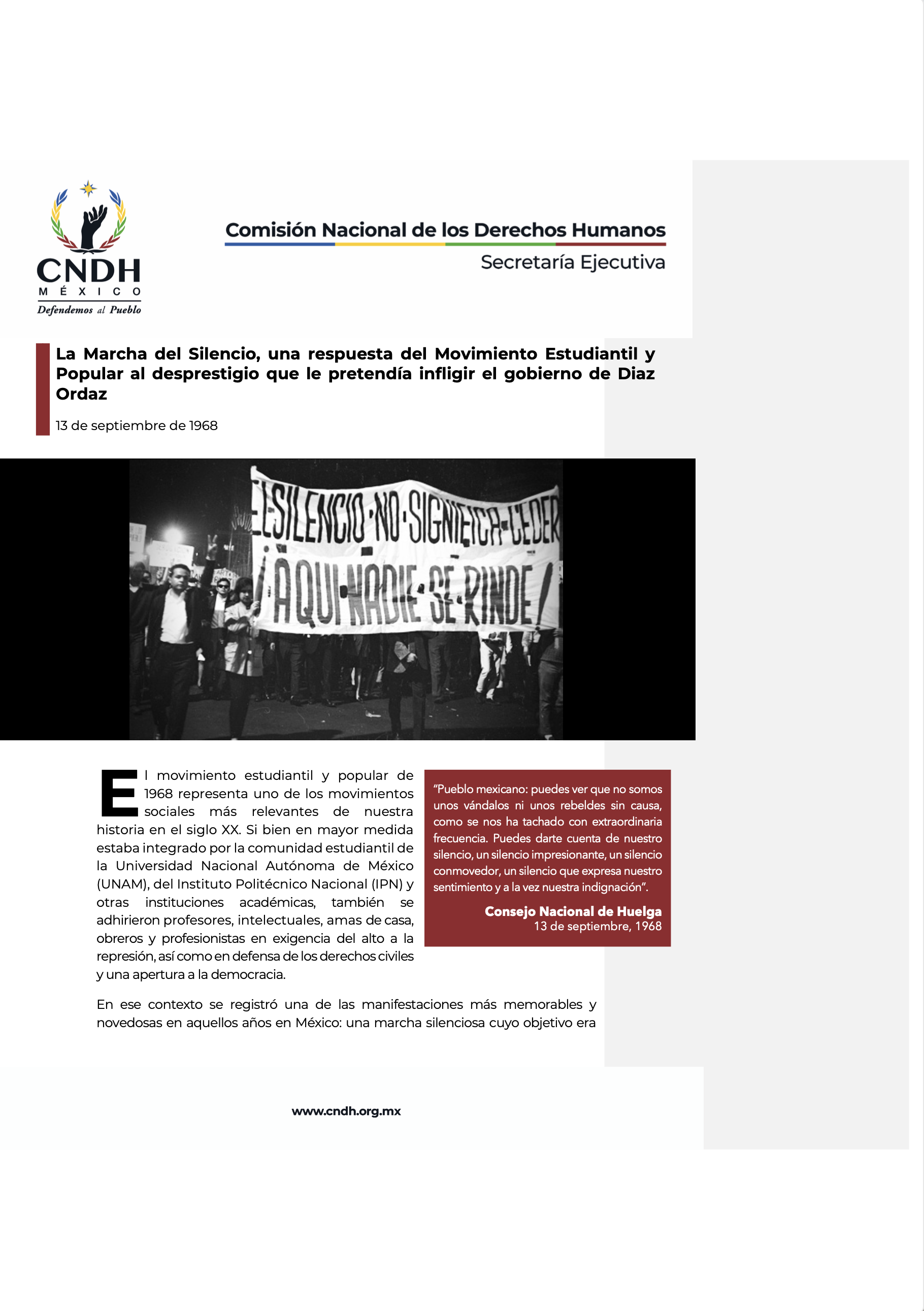 La Marcha del Silencio, una respuesta del Movimiento Estudiantil y Popular al desprestigio que le pretendía infligir el gobierno de Diaz Ordaz