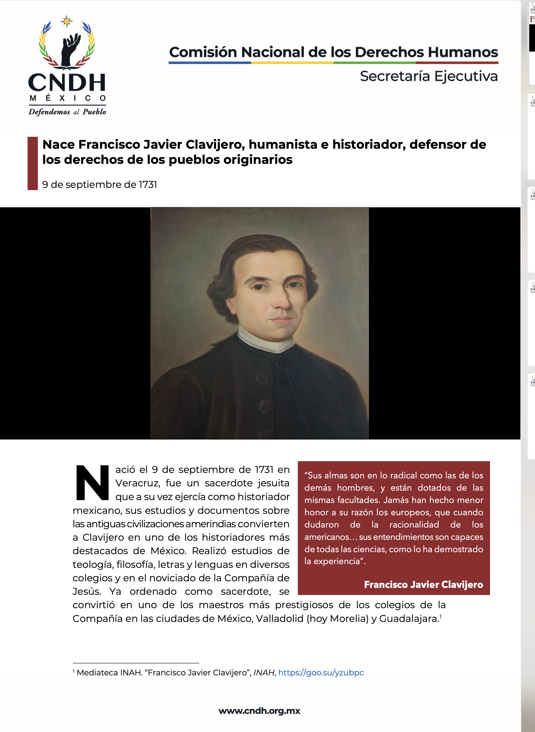 Nace Francisco Javier Clavijero, humanista e historiador, defensor de los derechos de los pueblos originarios