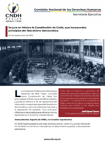 Se jura en México la Constitución de Cádiz, que incorporaba principios del liberalismo democrático