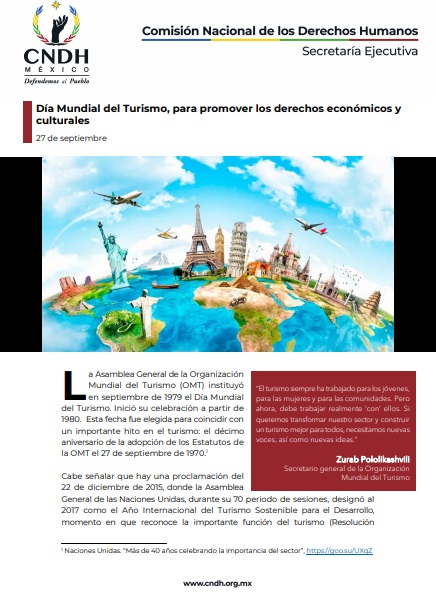Día Mundial del Turismo, para promover los derechos económicos y culturales