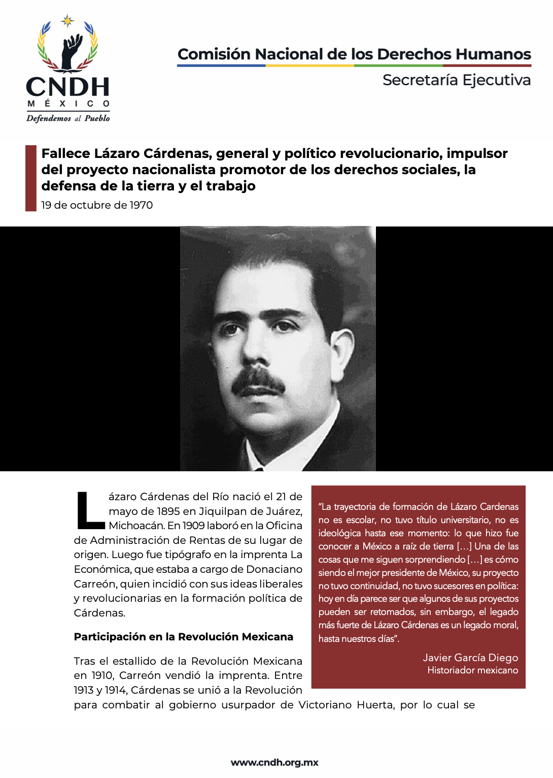 Fallece Lázaro Cárdenas, general y político revolucionario, impulsor del proyecto nacionalista promotor de los derechos sociales, la defensa de la tierra y el trabajo