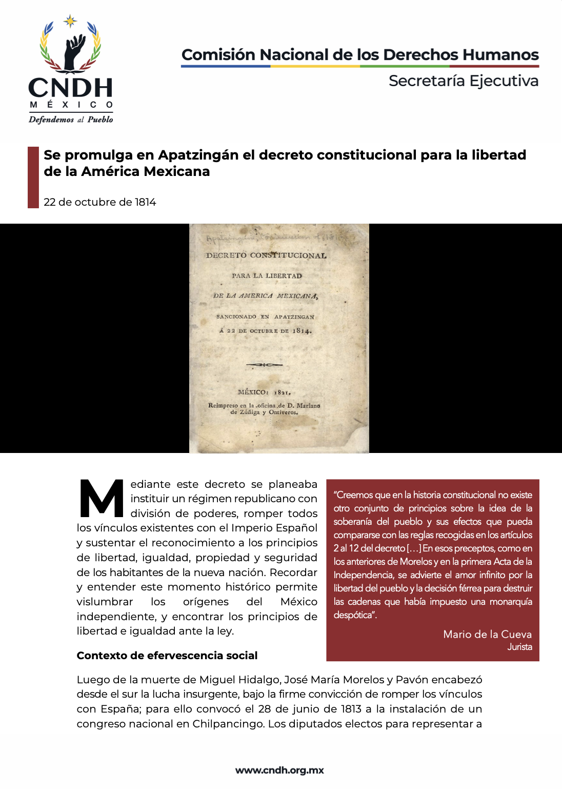 Se promulga en Apatzingán el decreto constitucional para la libertad de la América Mexicana